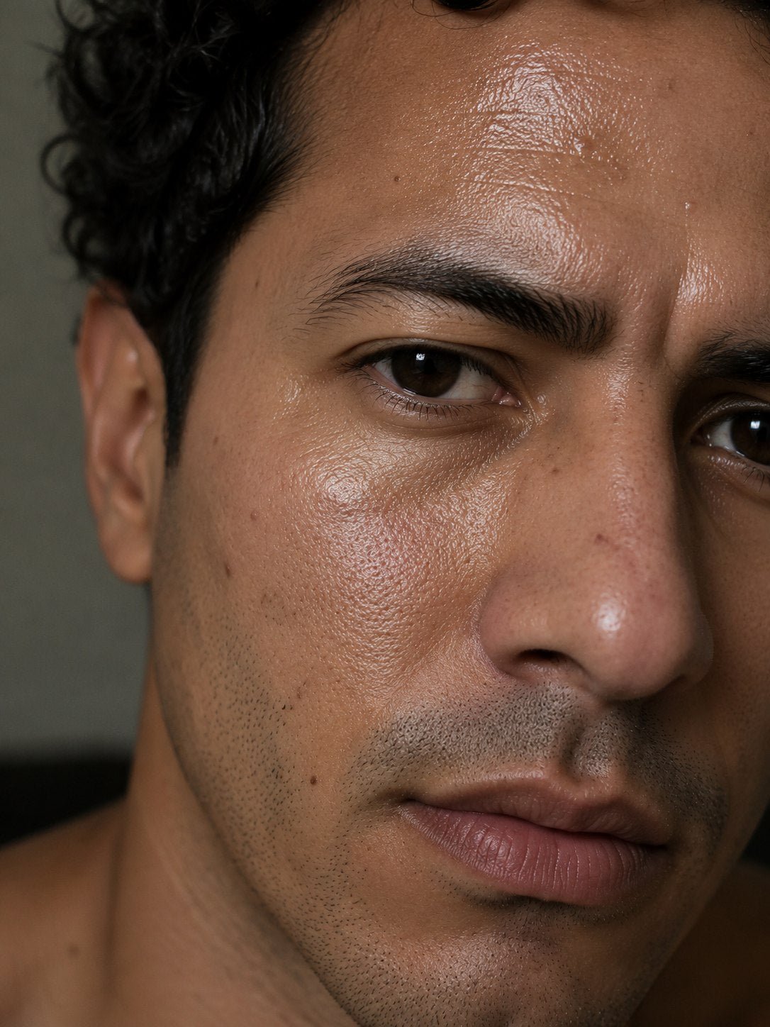 Rostro masculino con sensación de piel grasa o pesada